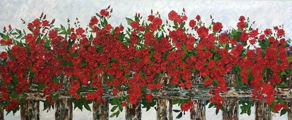 Nature oil painting titled 'The Sweet Scent Of Roses', 24x52 inches, by artist Shilpi Singh Patel on Canvas