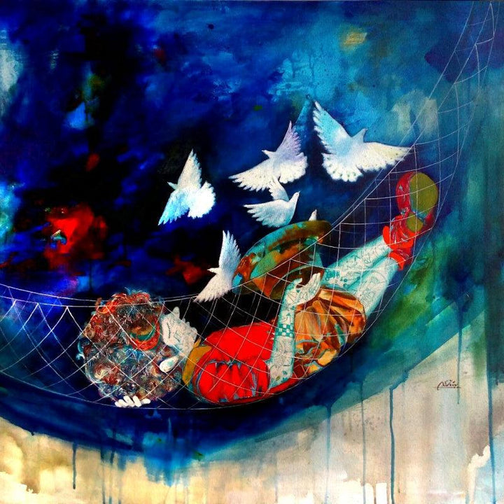 Expressionist mixed media painting titled 'The Swinging Childhood Ii', 36x36 inches, by artist Shiv Soni on Canvas