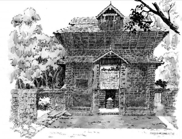 Scenic pen drawing titled 'The Temple', 11x14 inches, by artist Sankara Babu on Paper