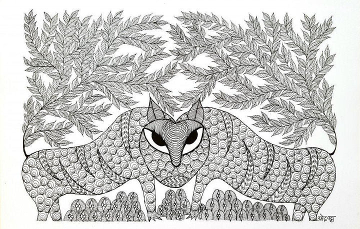 Folk Art gond traditional art titled 'The Tigers Reunion Gond Art', 10x14 inches, by artist Umaid Singh Patta on Paper