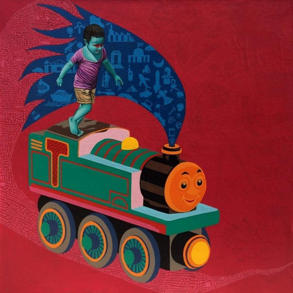 contemporary acrylic oil painting titled 'The Train', 48x48 inches, by artist Jitendra Saini on Canvas