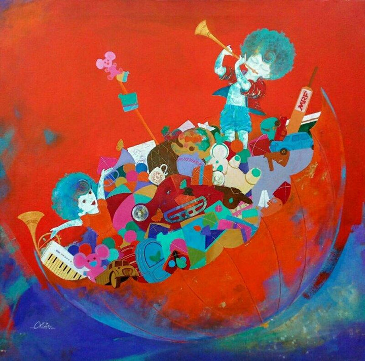 Figurative acrylic painting titled 'The treasure of childhood', 30x30 inches, by artist Shiv kumar soni on Canvas