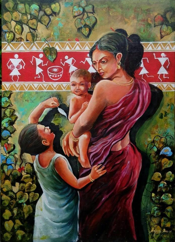 Figurative acrylic painting titled 'The Tribal Of Mother And Child ', 30x42 inches, by artist Arjun Das on Canvas