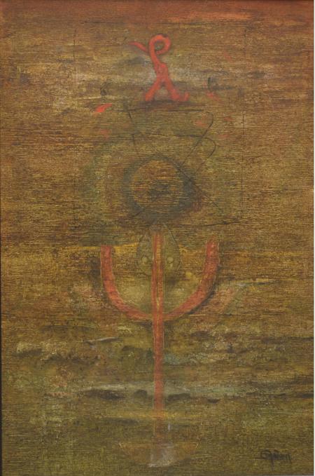 Abstract mixed media painting titled 'The Trishul Abstract I', 51x35 inches, by artist Ramesh Thorat on Canvas