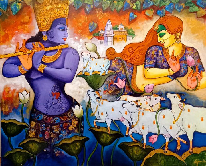 Religious acrylic painting titled 'The Tune Of Love', 48x60 inches, by artist Arjun Das on Canvas