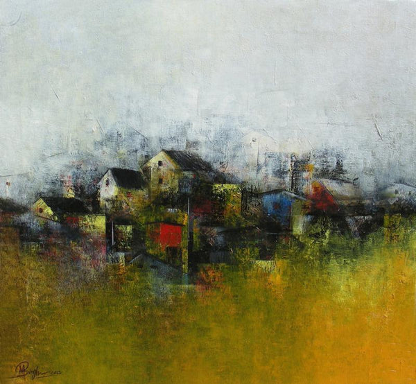 Abstract acrylic painting titled ' The Village', 26x24 inches, by artist M. Singh on Canvas