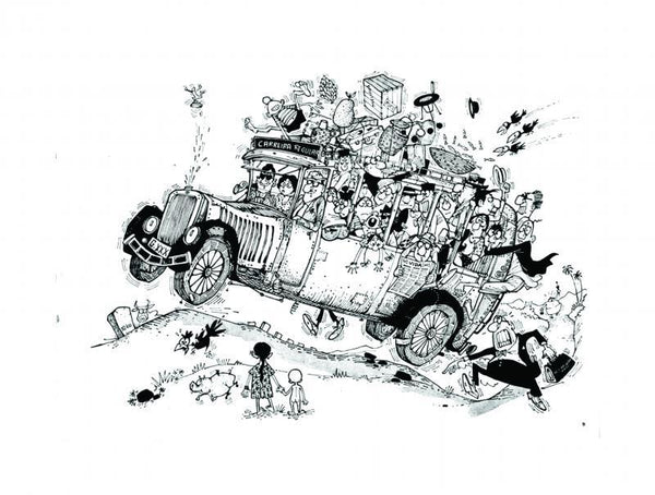 Cityscape pen ink painting titled 'The Village Bus (1964)', 21x29 inches, by artist Mario Miranda on Paper