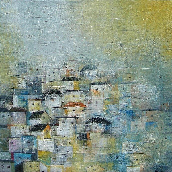 Abstract acrylic painting titled 'The Village II', 24x24 inches, by artist M Singh on Canvas