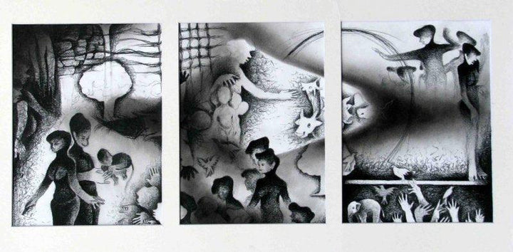 Figurative charcoal drawing titled 'The Village Life ', 36x18 inches, by artist Mahesh  Pal Gobra on paper