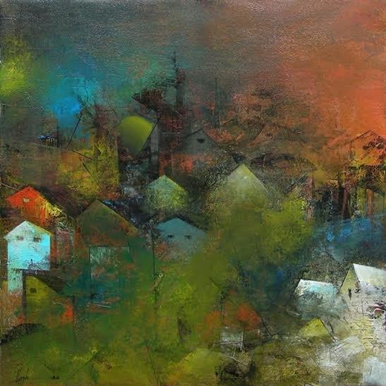 Abstract acrylic painting titled 'The Village Road', 24x24 inches, by artist M Singh on Canvas