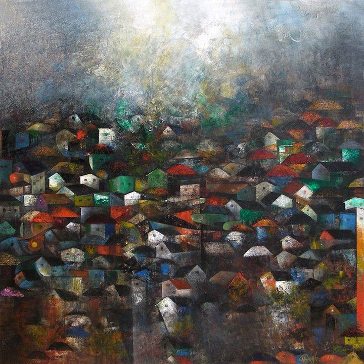 Abstract acrylic painting titled 'The Villages', 48x48 inches, by artist M Singh on Canvas