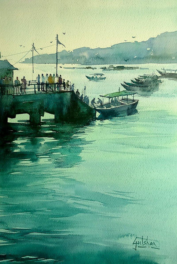 Seascape watercolor painting titled 'The Viridian Effect', 18x11 inches, by artist Gulshan Achari on Paper