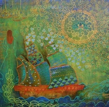 contemporary mixed media painting titled 'The Voyage', 36x36 inches, by artist Poonam Agarwal on Canvas