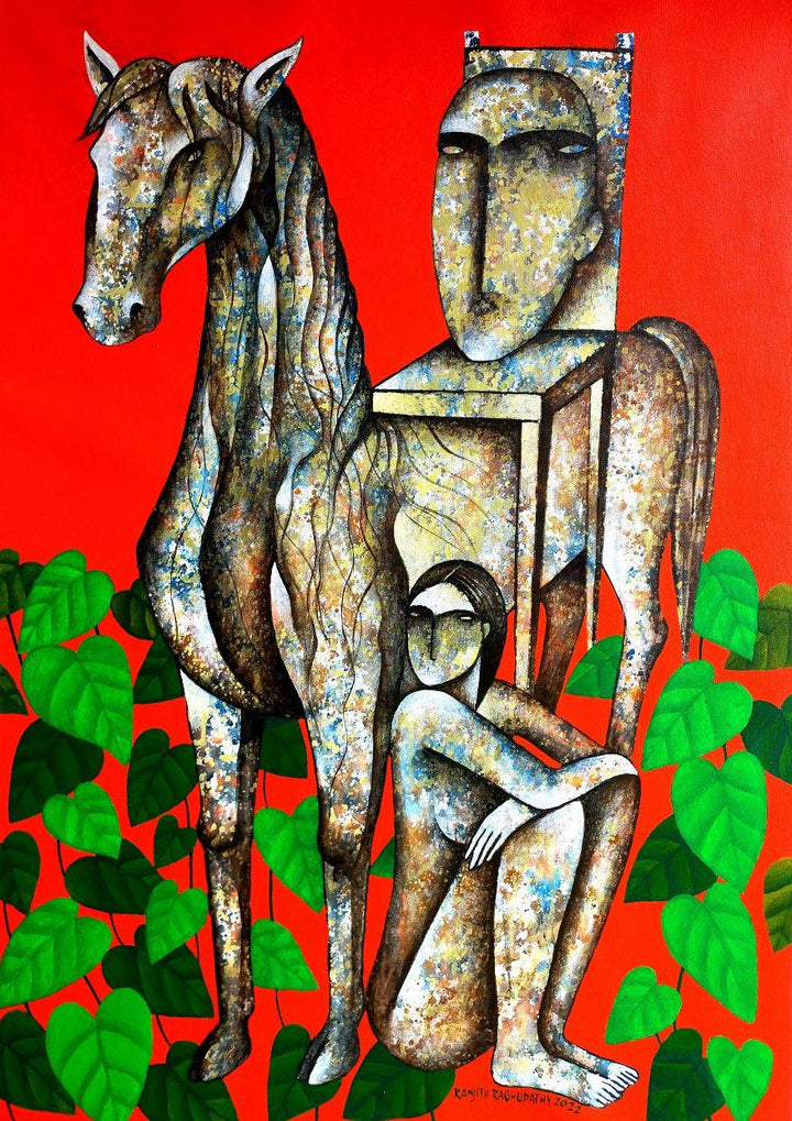 Figurative acrylic painting titled 'The War With Memoires', 42x30 inches, by artist Ranjith Raghupathy on Canvas