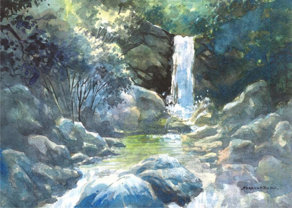 Scenic watercolor painting titled 'The Waterfall', 10x14 inches, by artist Sankara Babu on Paper