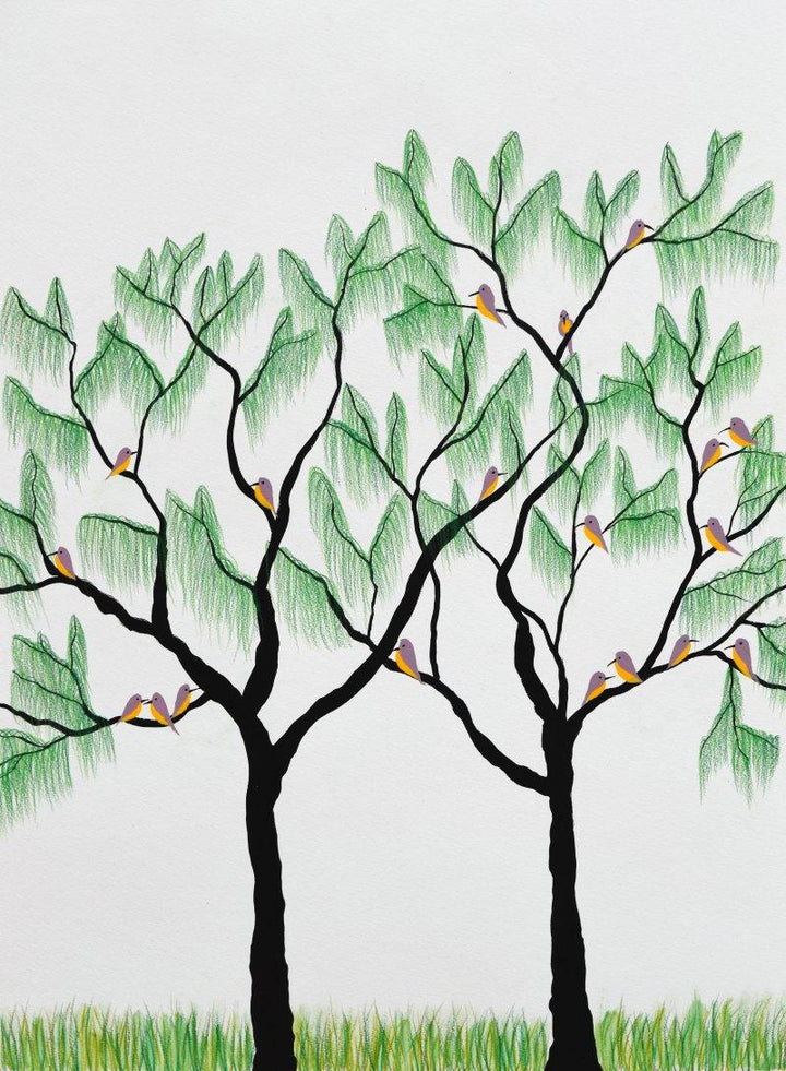 Nature mixed media painting titled 'The Whispering Trees', 24x18 inches, by artist Sumit Mehndiratta on Paper