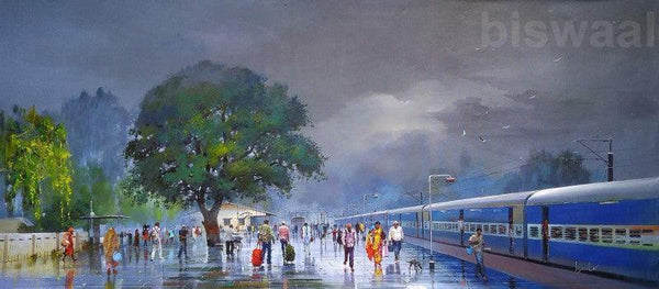 Cityscape acrylic painting titled 'The Wide Wet Platform', 30x72 inches, by artist Bijay Biswaal on Canvas