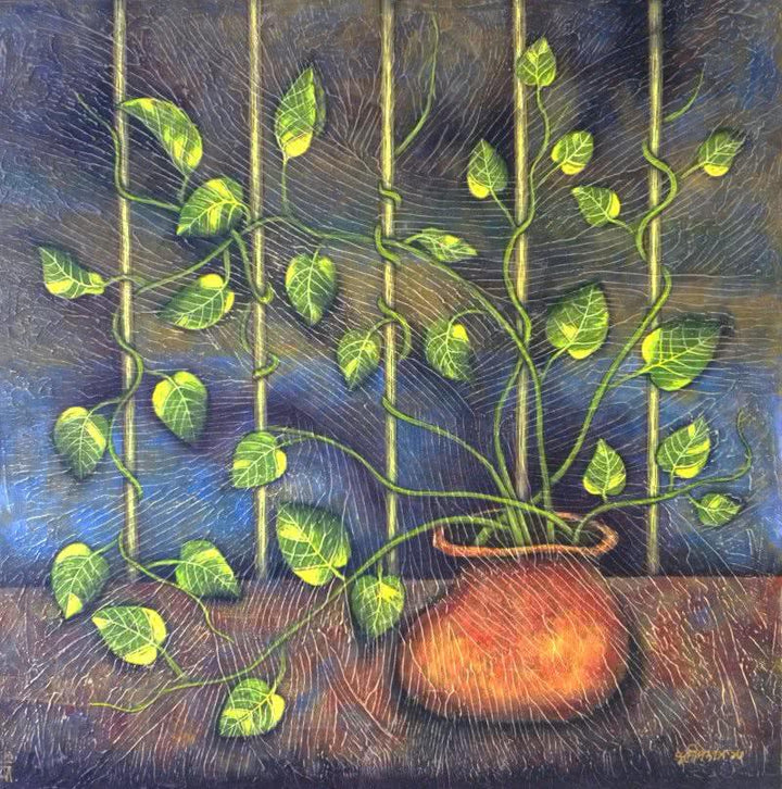 Nature tempera painting titled 'The Window', 24x25 inches, by artist Sudip Das on Canvas