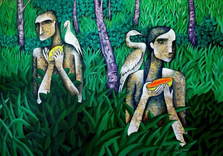 Figurative acrylic painting titled 'The Winter Harvest', 30x42 inches, by artist Ranjith Raghupathy on Canvas