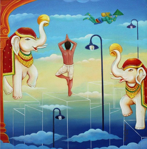 Fantasy acrylic painting titled 'The World Of Spirituality', 24x24 inches, by artist Anand Kumar on Canvas