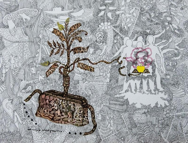 contemporary mixed media drawing titled 'The Yellow Apple', 11x14 inches, by artist Avijit Mukherjee on Fabriano Paper
