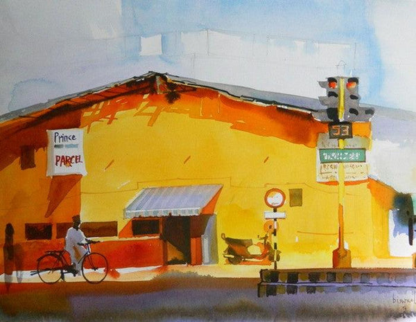 Cityscape watercolor painting titled 'The Yellow Building', 11x16 inches, by artist Bijay Biswaal on Paper