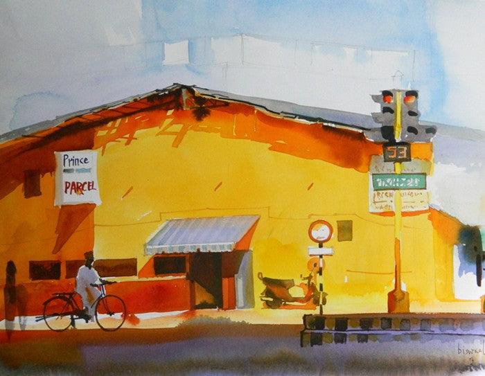 Cityscape watercolor painting titled 'The Yellow Building', 11x16 inches, by artist Bijay Biswaal on Paper