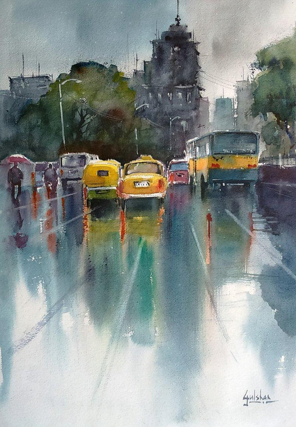 Cityscape watercolor painting titled 'The Yellow Canary', 18x13 inches, by artist Gulshan Achari on Paper