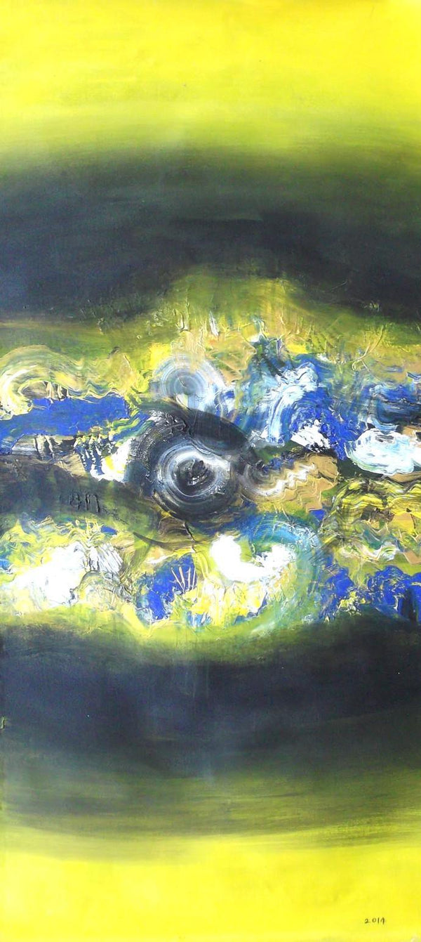 Abstract acrylic painting titled 'The Yellow Eye', 36x18 inches, by artist Deepak Guddadakeri on Canvas