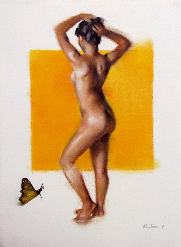 Nude dry pastel painting titled 'The Yellow One', 11x15 inches, by artist Mukta Avachat on Paper