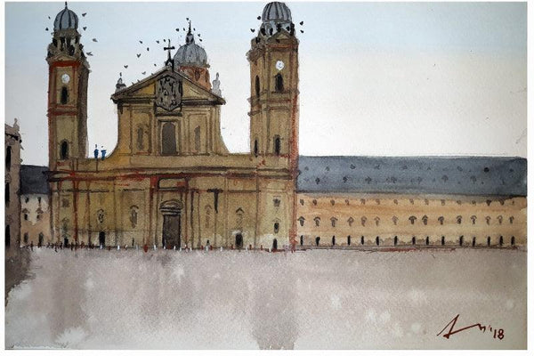 Cityscape watercolor painting titled 'Theatine Church Munich Germany', 7x11 inches, by artist Arunava Ray on Paper