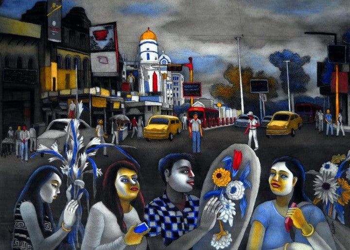 Cityscape mixed media painting titled 'They Are Going To Celebration', 30x40 inches, by artist Kalipada Purkait on Canvas