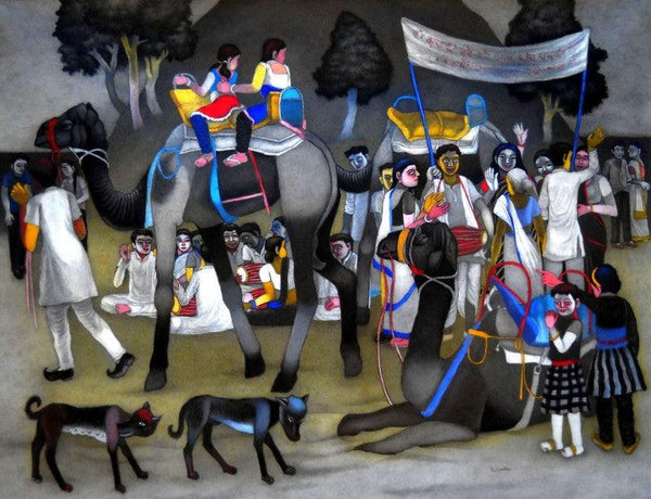 Figurative mixed media painting titled 'They Went For A Camel Ride On Sunday', 52x61 inches, by artist Kalipada Purkait on Canvas