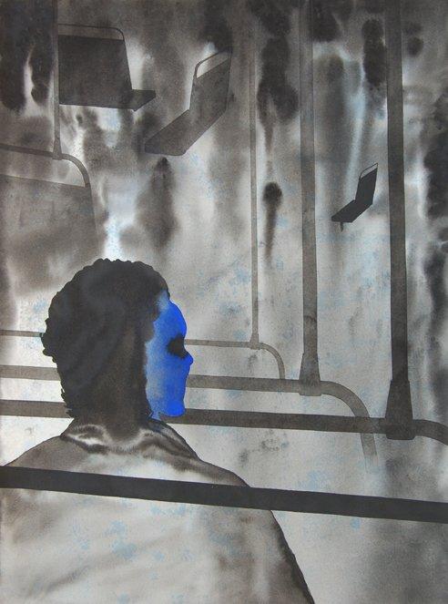 Figurative watercolor painting titled 'Thinking In Bus', 30x22 inches, by artist Manish  Sutar on Paper