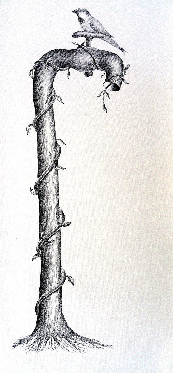 Nature pen drawing titled 'Thirst 52', 16x30 inches, by artist Nuril Bhosale on Paper