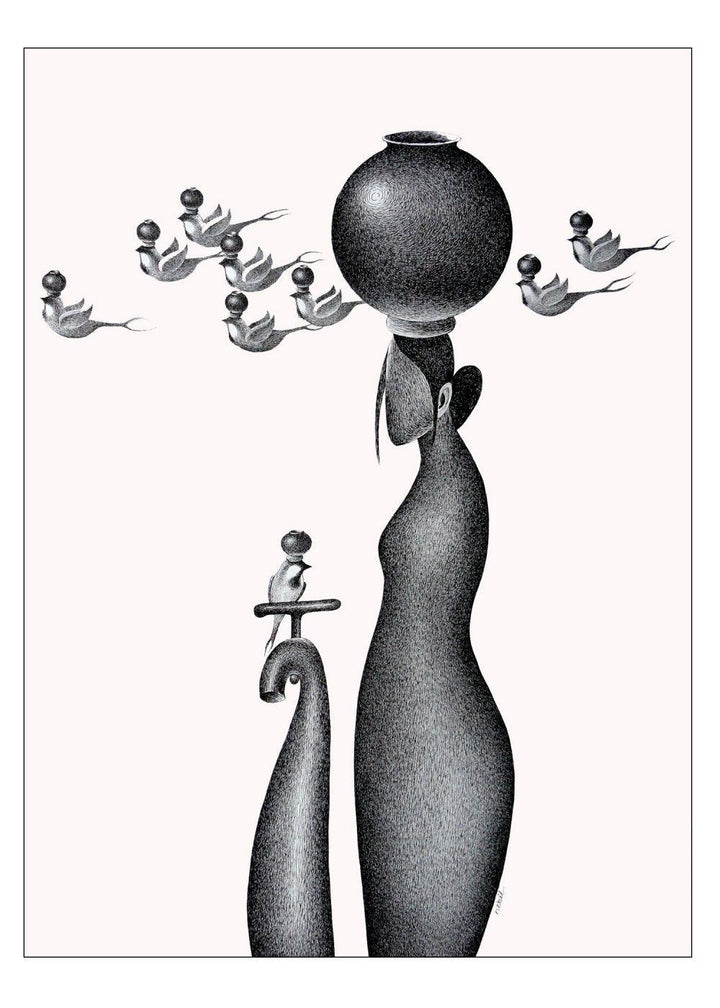 Pots/Vessels pen drawing titled 'Thirst 54', 22x30 inches, by artist Nuril Bhosale on Paper