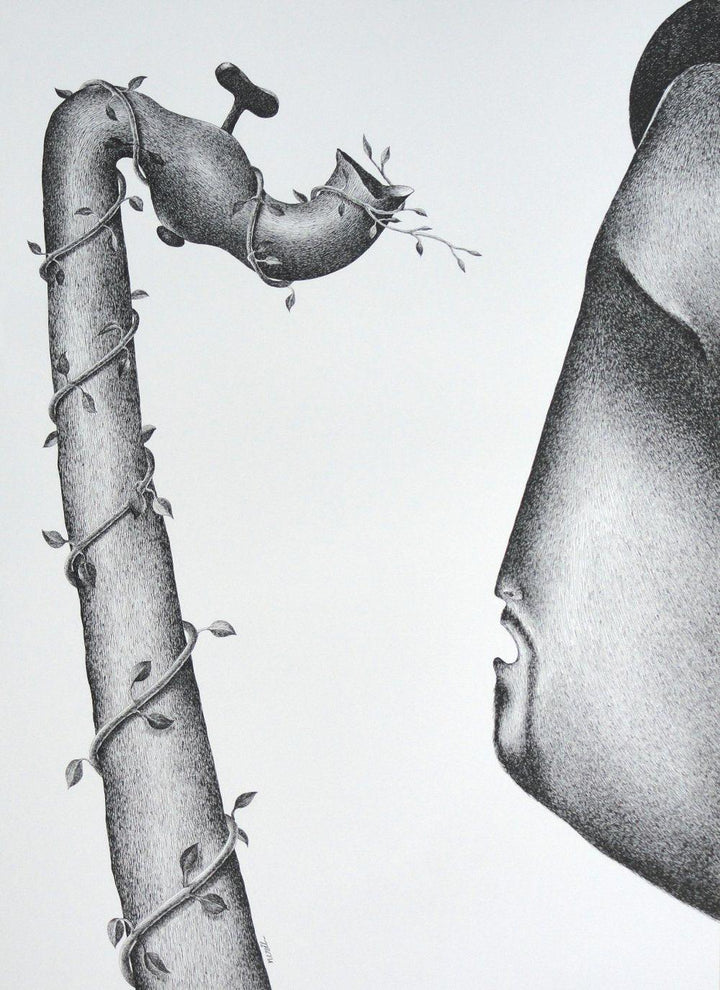 Figurative pen drawing titled 'Thirst 58', 22x30 inches, by artist Nuril Bhosale on Paper