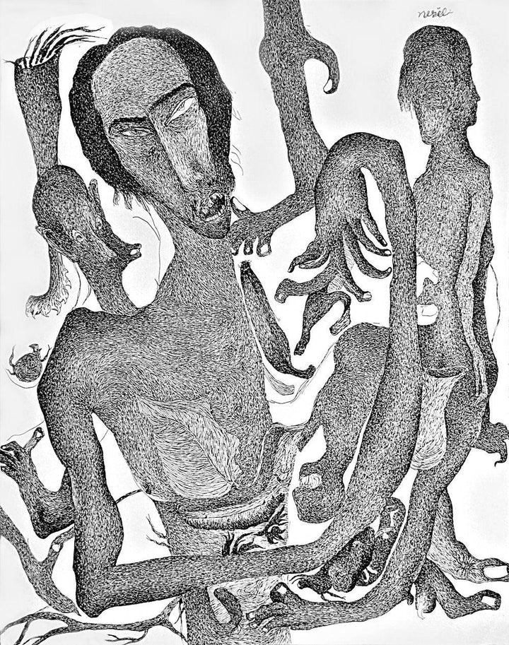 Lifestyle pen drawing titled 'Thirst 64', 22x30 inches, by artist Nuril Bhosale on Paper