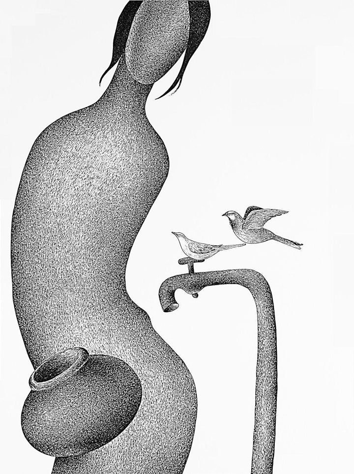 Figurative pen drawing titled 'Thirst 68', 22x30 inches, by artist Nuril Bhosale on Paper