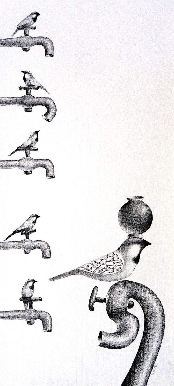 Nature pen drawing titled 'Thirst 74', 16x30 inches, by artist Nuril Bhosale on Paper