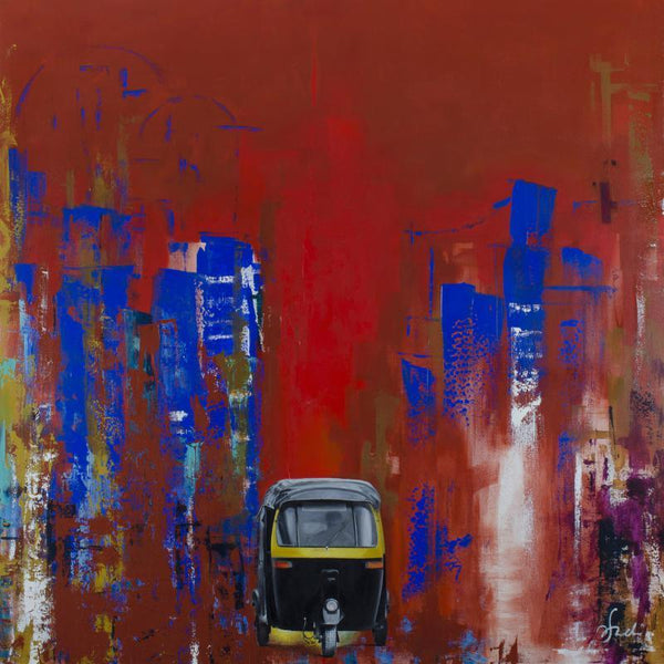 Cityscape acrylic painting titled 'This Is I', 48x48 inches, by artist Tejinder Ladi  Singh on Canvas