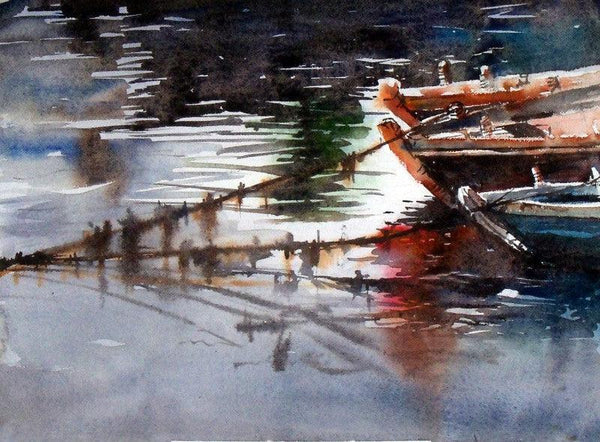 Seascape watercolor painting titled 'Three Boat', 10x14 inches, by artist Sanjay Dhawale on Handmade Paper