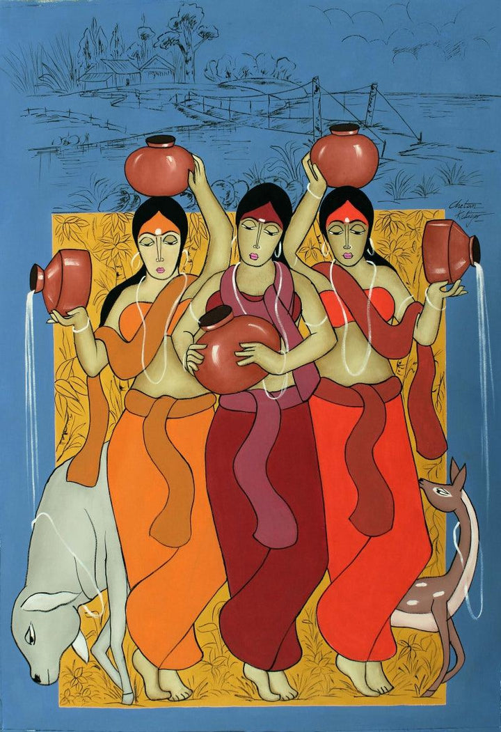 Figurative acrylic painting titled 'Three Chums', 49x33 inches, by artist Chetan Katigar on Canvas