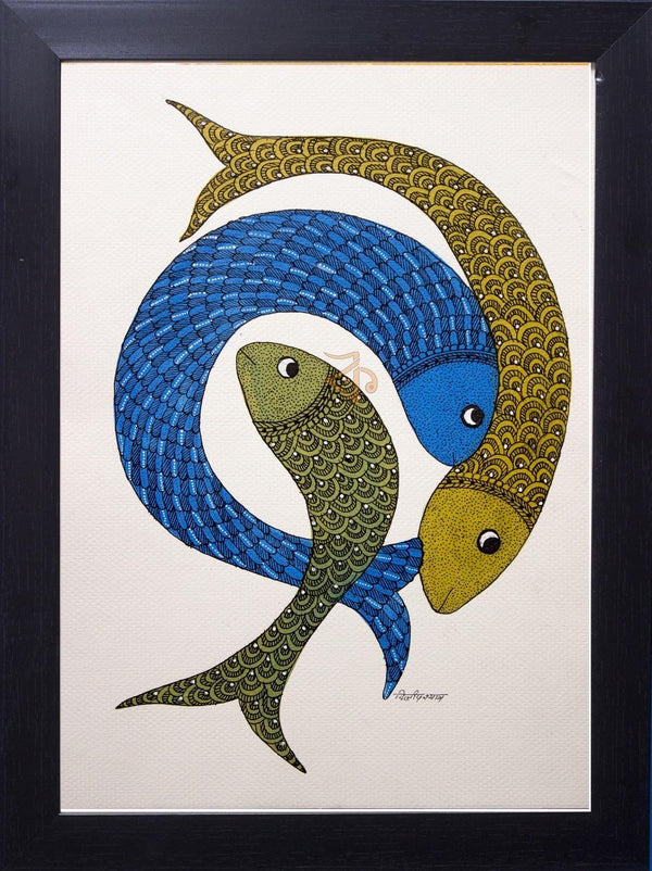 Folk Art gond traditional art titled 'Three fish Gond Art', 15x10 inches, by artist Kalavithi Art Ventures on Canvas