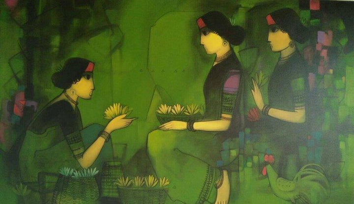 Figurative acrylic painting titled 'Three Flower Women', 36x60 inches, by artist Sachin Sagare on Canvas