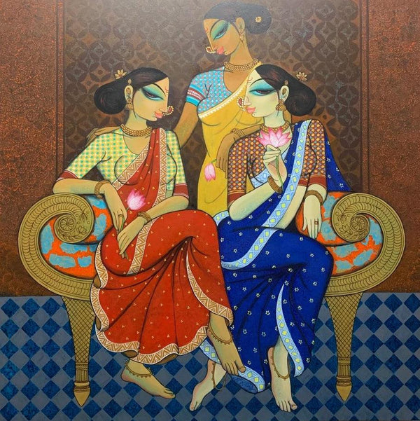 Figurative acrylic painting titled 'Three Friends', 48x48 inch, by artist Varsha Kharatamal on Canvas