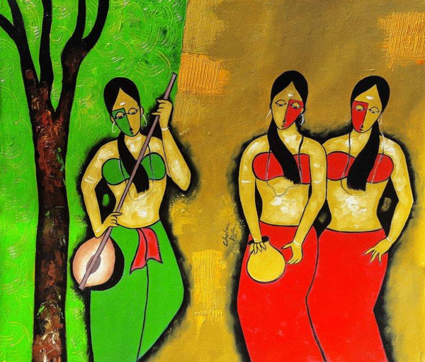 Figurative mixed media painting titled 'Three Friends', 29x34 inches, by artist Chetan Katigar on Canvas