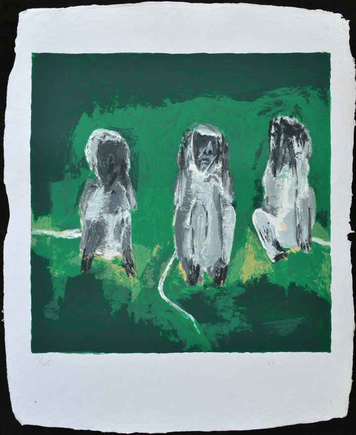 Animals serigraphs painting titled 'Three Monkeys', 34x28 inches, by artist Haku Shah on Paper