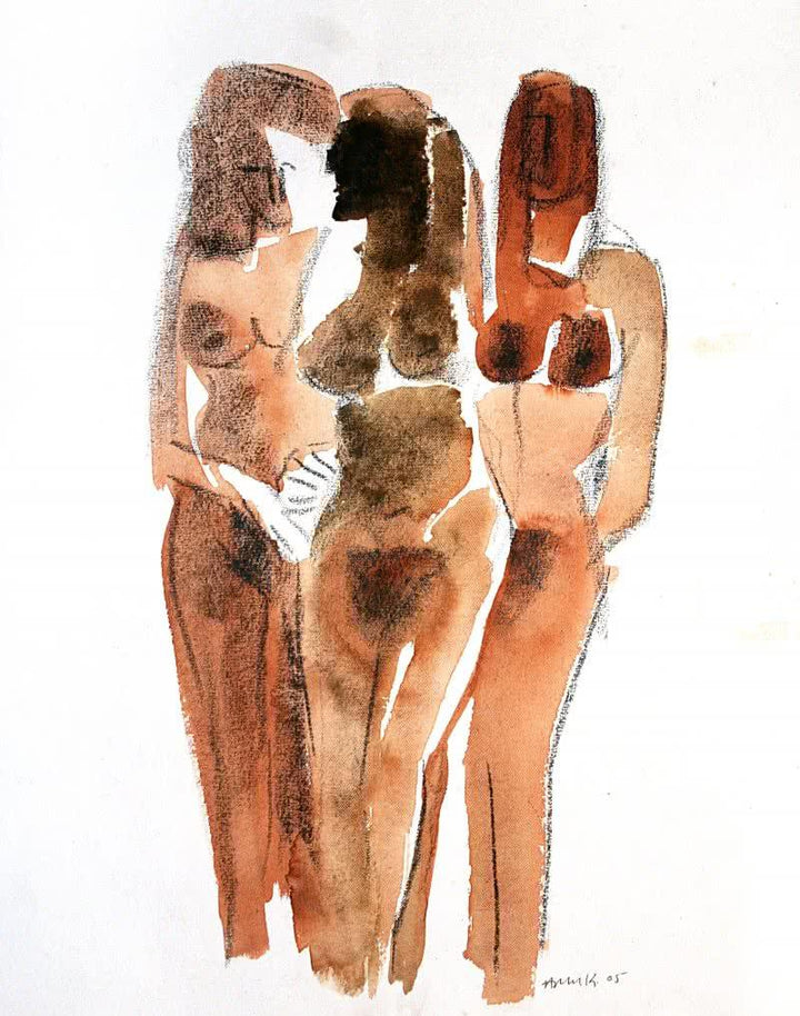 Erotic watercolor painting titled 'Three Nude Women 13 20', 13x20 inches, by artist Arun K Mishra on Paper