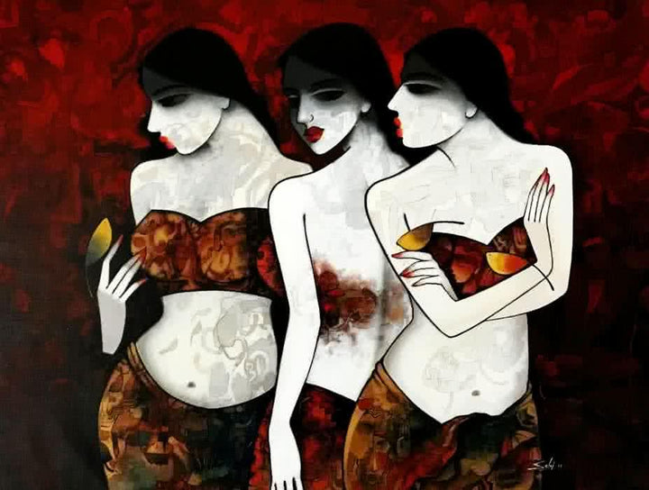 Figurative acrylic painting titled 'Three Sister', 36x48 inches, by artist Mukesh Salvi on Canvas